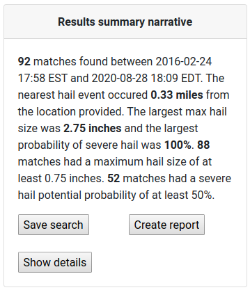 Example of step 3 (single building perspective). The user reviews the hail events results summary and (a) generates a hail report or (b) interactively explores the results in more detail